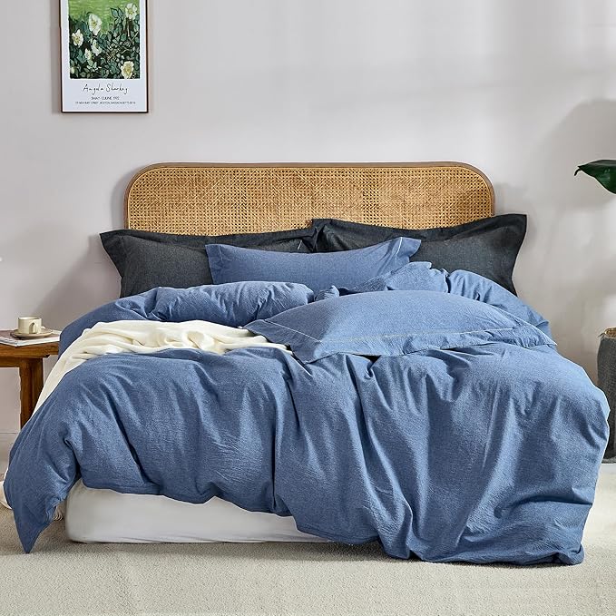 100% Washed Cotton 3 Pieces Blue Duvet Cover Queen Size - Linen Like Textured Breathable Comforter Cover with Pillow Shams (Blue, 90"x90")