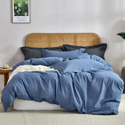 100% Washed Cotton 3 Pieces Blue Duvet Cover Queen Size - Linen Like Textured Breathable Comforter Cover with Pillow Shams (Blue, 90"x90")