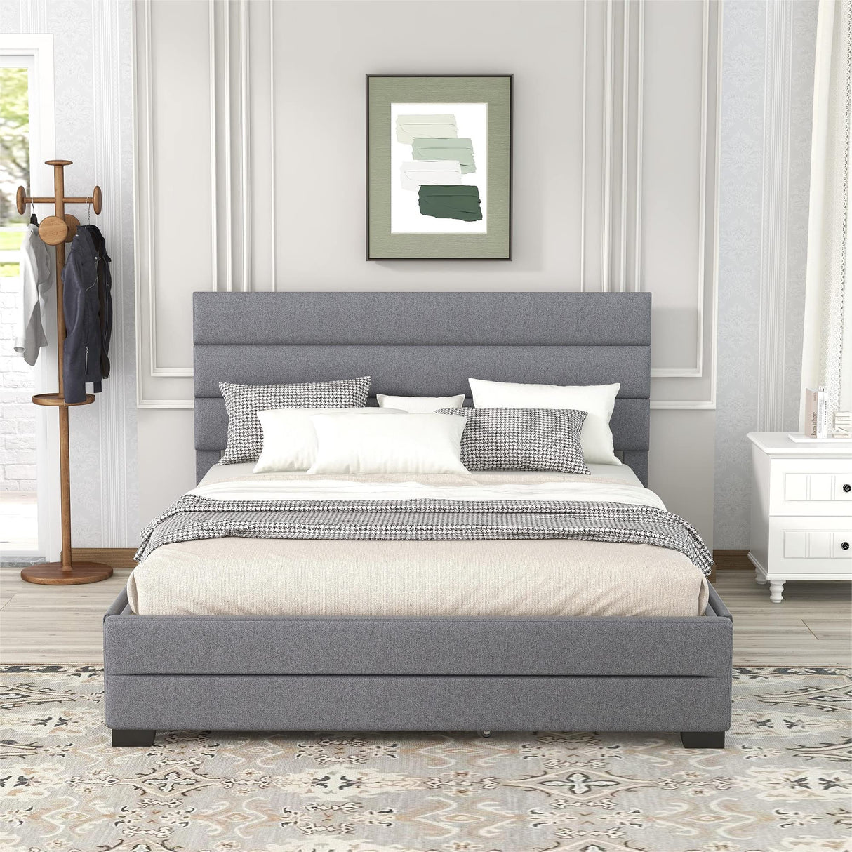 Upholstery Platform Bed with Trundle and 2 Drawers, Platform Bed Frame