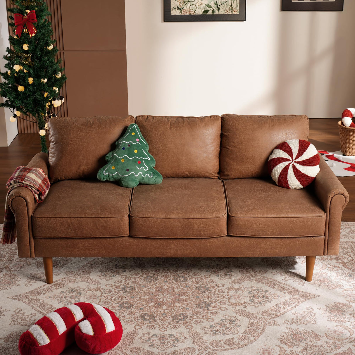 Faux Leather Mid-Century Modern Sofa for Living Room,3 Seater Couch