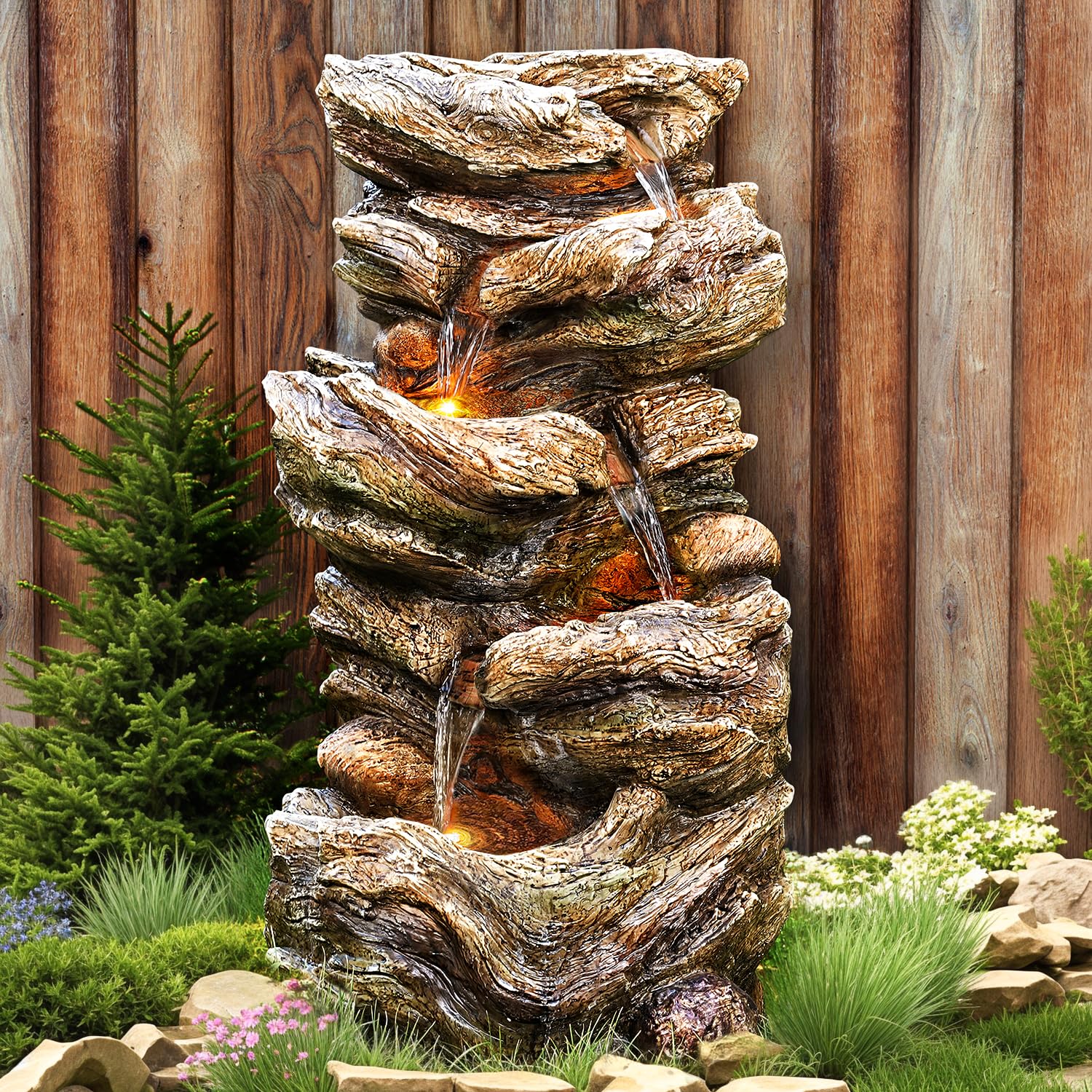 32" High 5-Tiers Cascading Rock Outdoor Water Fountain with LED Lights and Pump