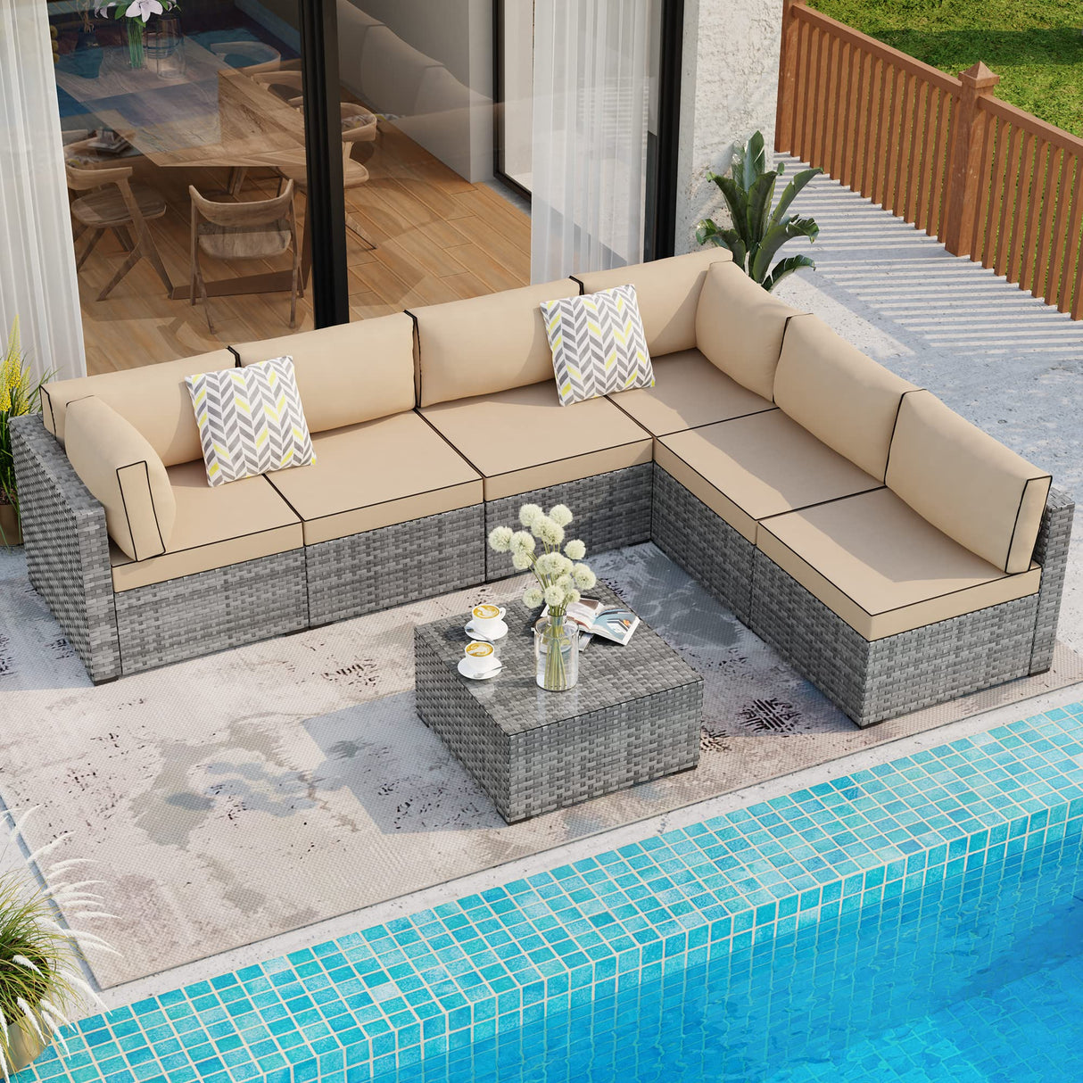 7 Pieces Outdoor Patio Sectional Sofa Couch, Silver PE Wicker Furniture Sets