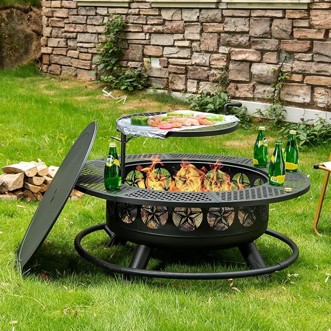 36 Inch Fire Pit with Cooking Grill,Outdoor Wood Burning BBQ Firepit with Lid