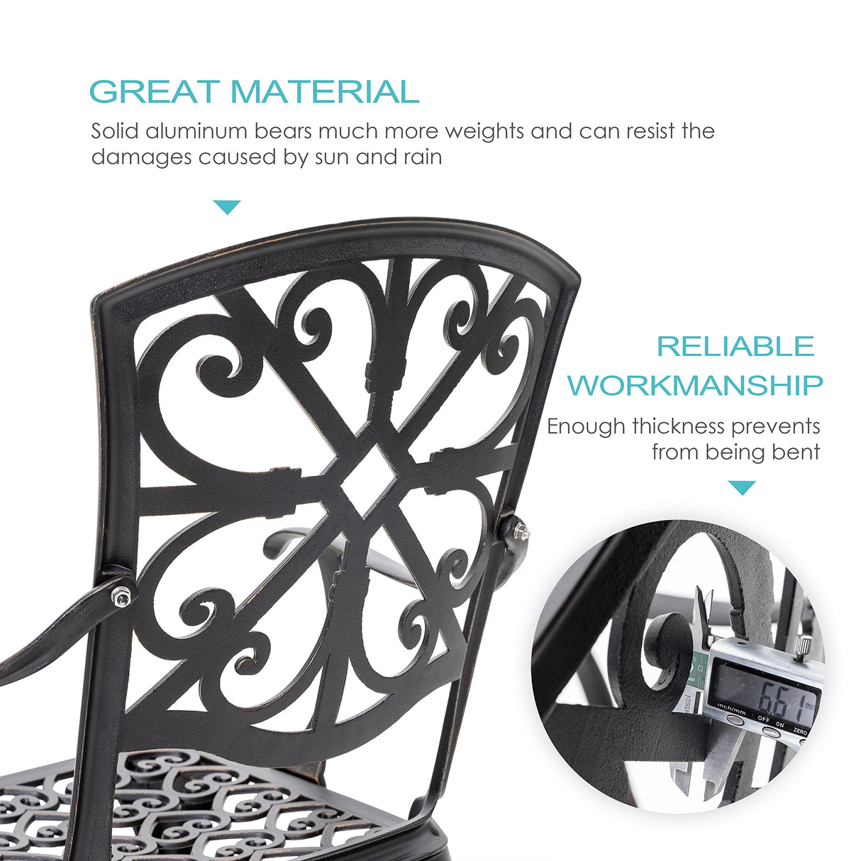 NUU GARDEN 3 Piece Outdoor Bistro Set Cast Aluminum Patio Set Bistro Table Set Rustproof Patio Table and Chairs with Umbrella Hole for Backyard, Balcony, Front Porch, Black