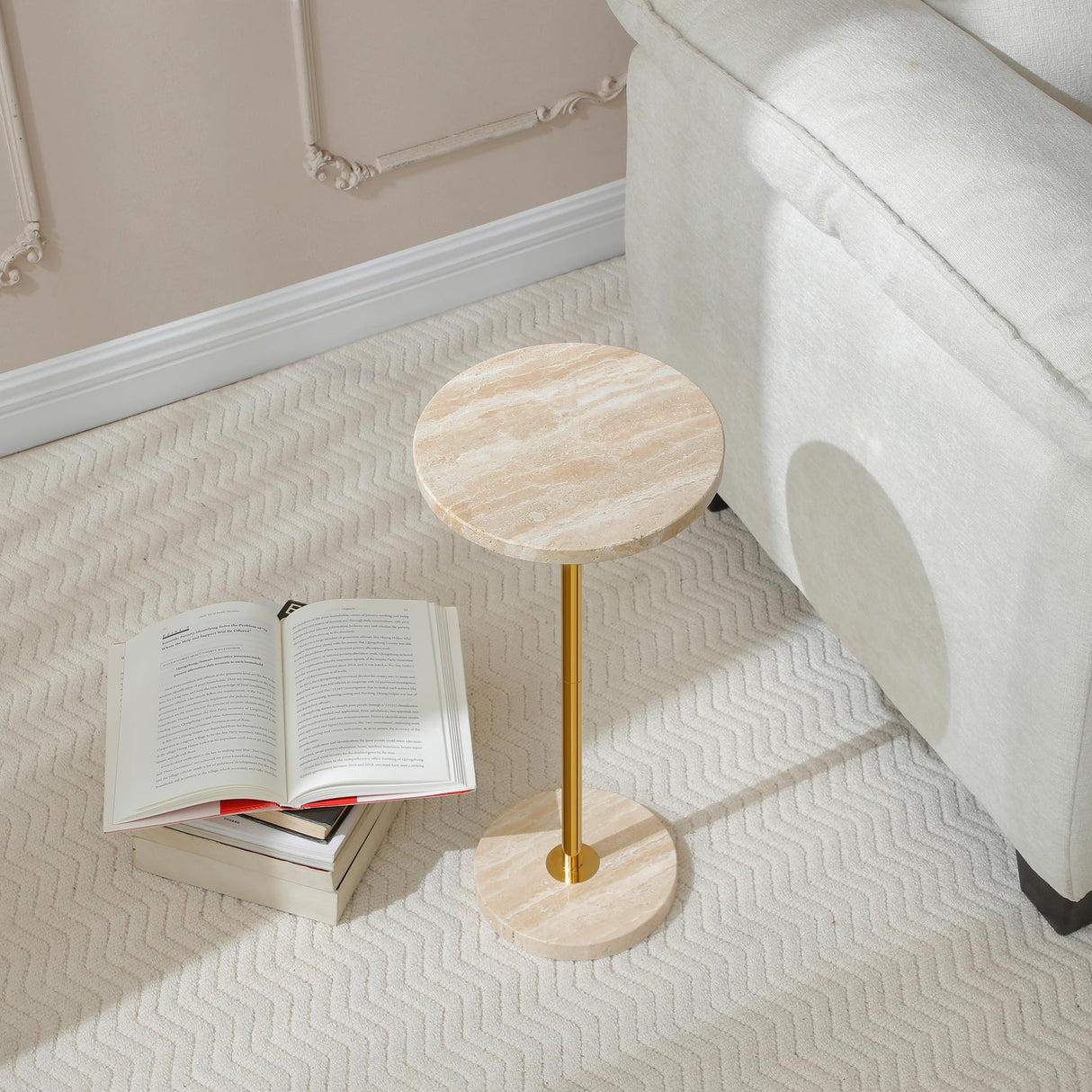 9.8-inch Marble Round Drink Table, Stone Finish Top Pedestal End Table for Living Room