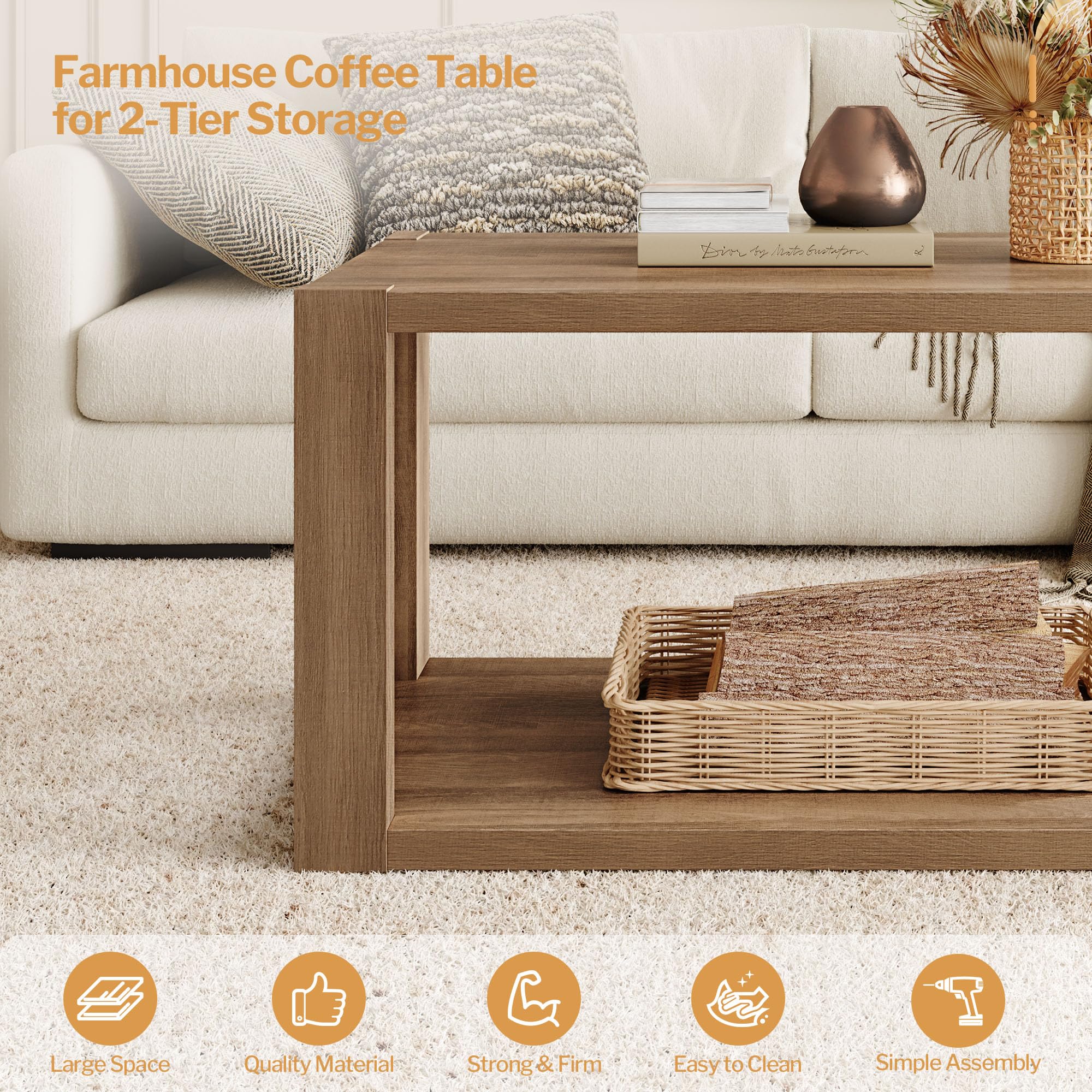 Farmhouse Wood Coffee Table - Boho Table with Storage Shelf
