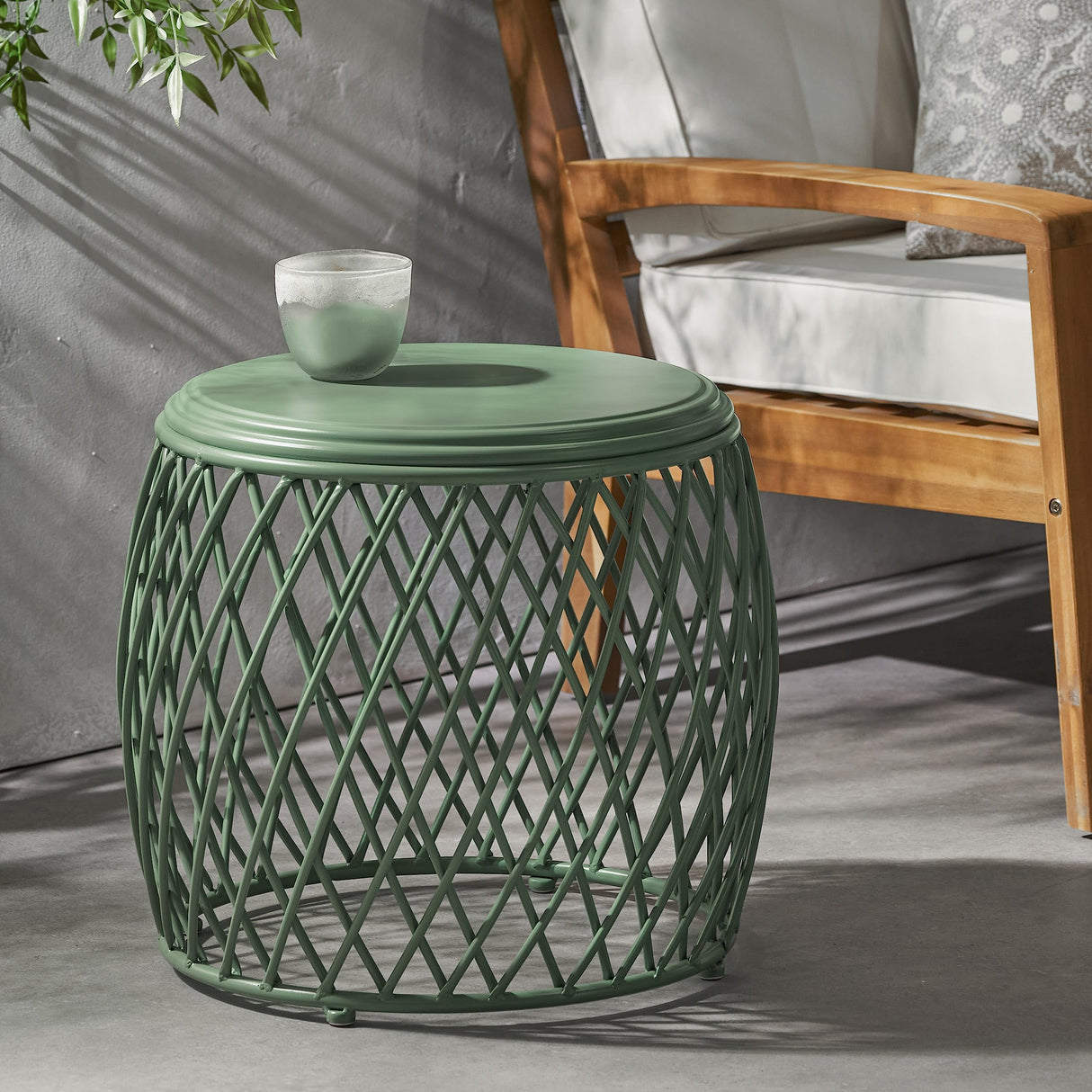 Alamera Outdoor Lattice Iron Side Table, 19", Matte Green