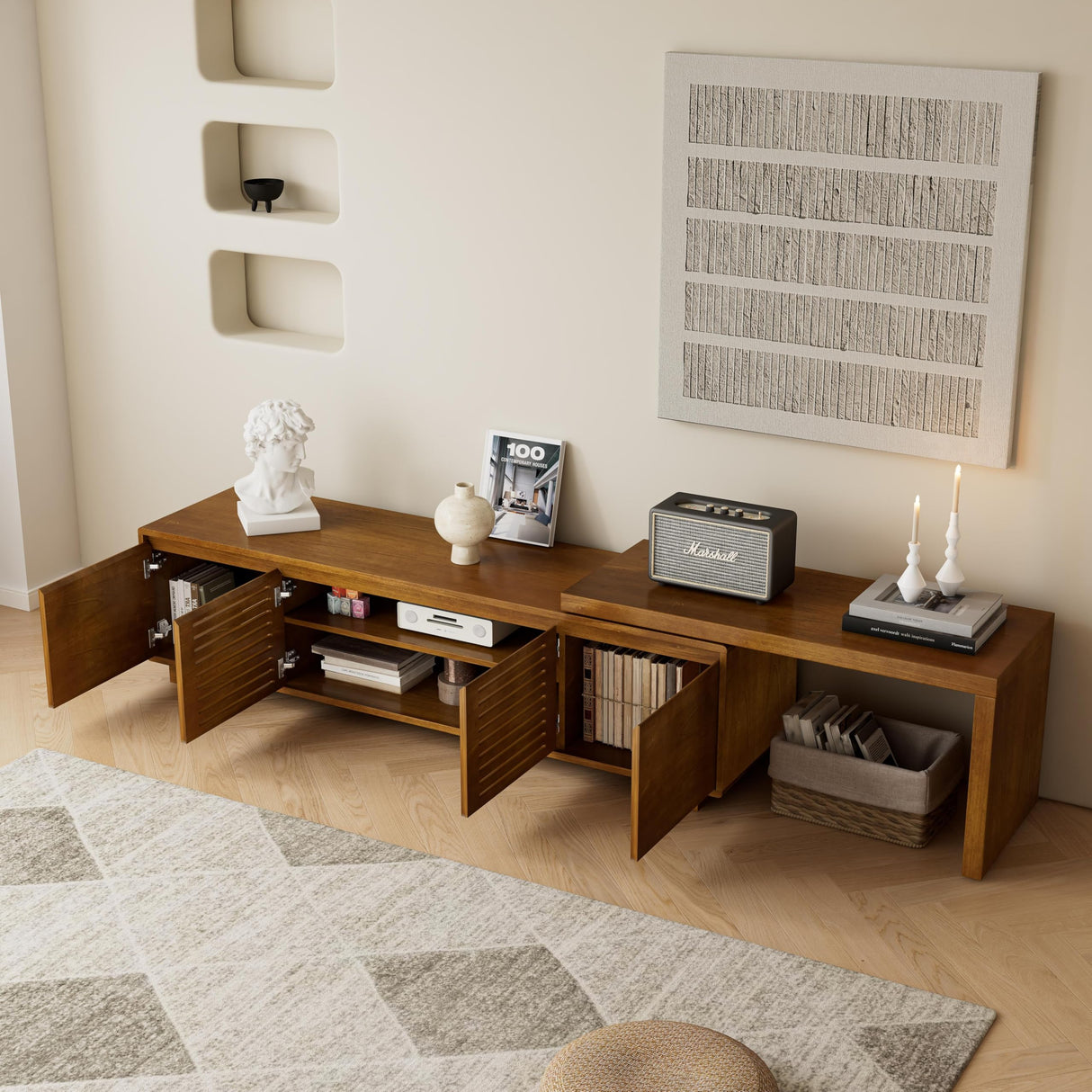 LUMISOL Extendable TV Stand with 2 Doors, Media Extendable Console TV Table for TVs up to 75” Farmhouse Entertainment Cabinet with Storage and Adjustable Shelves for Living Room, Brown Ebony