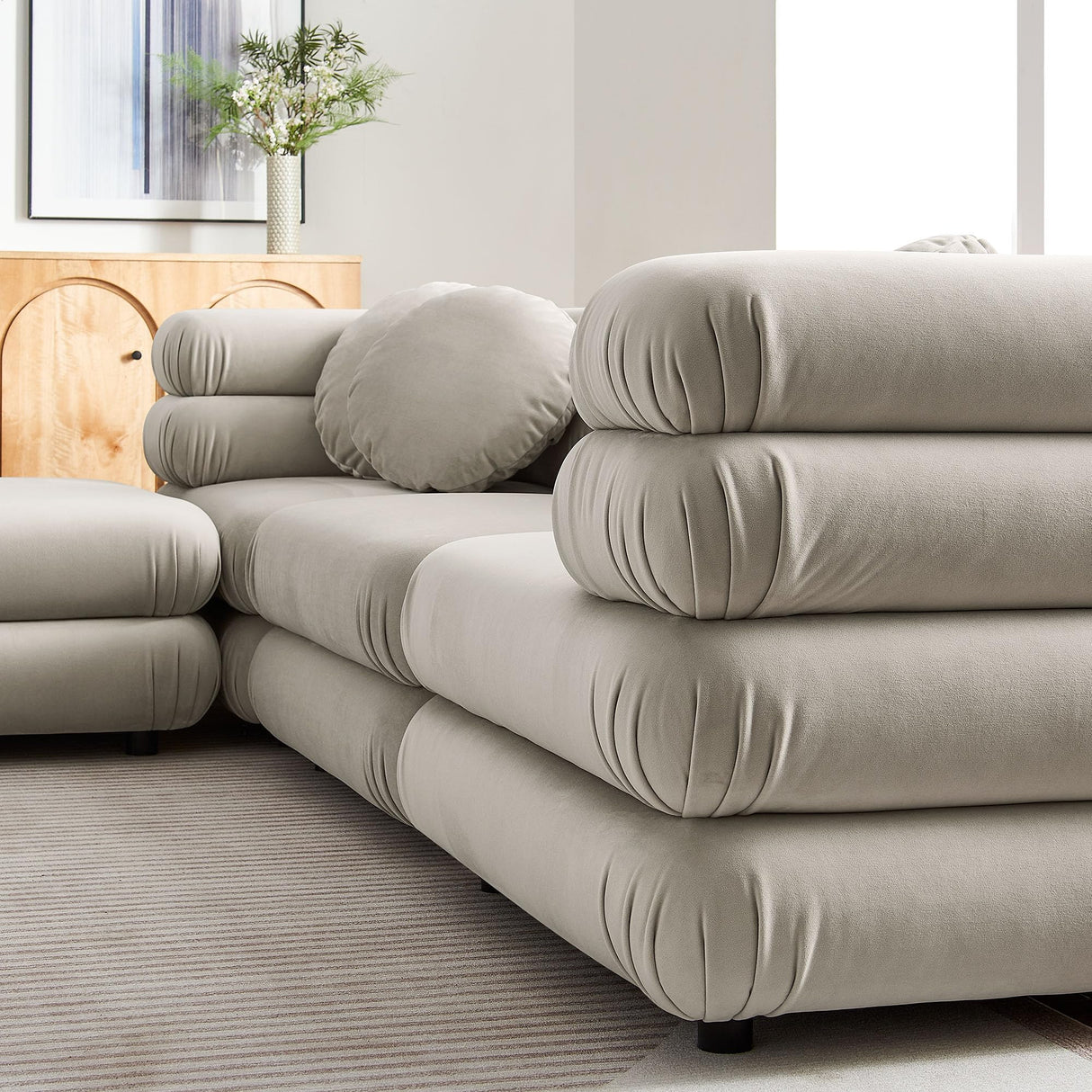 Jubilee Performance Velvet 4 Piece Sectional Sofa with Ottoman in Almond