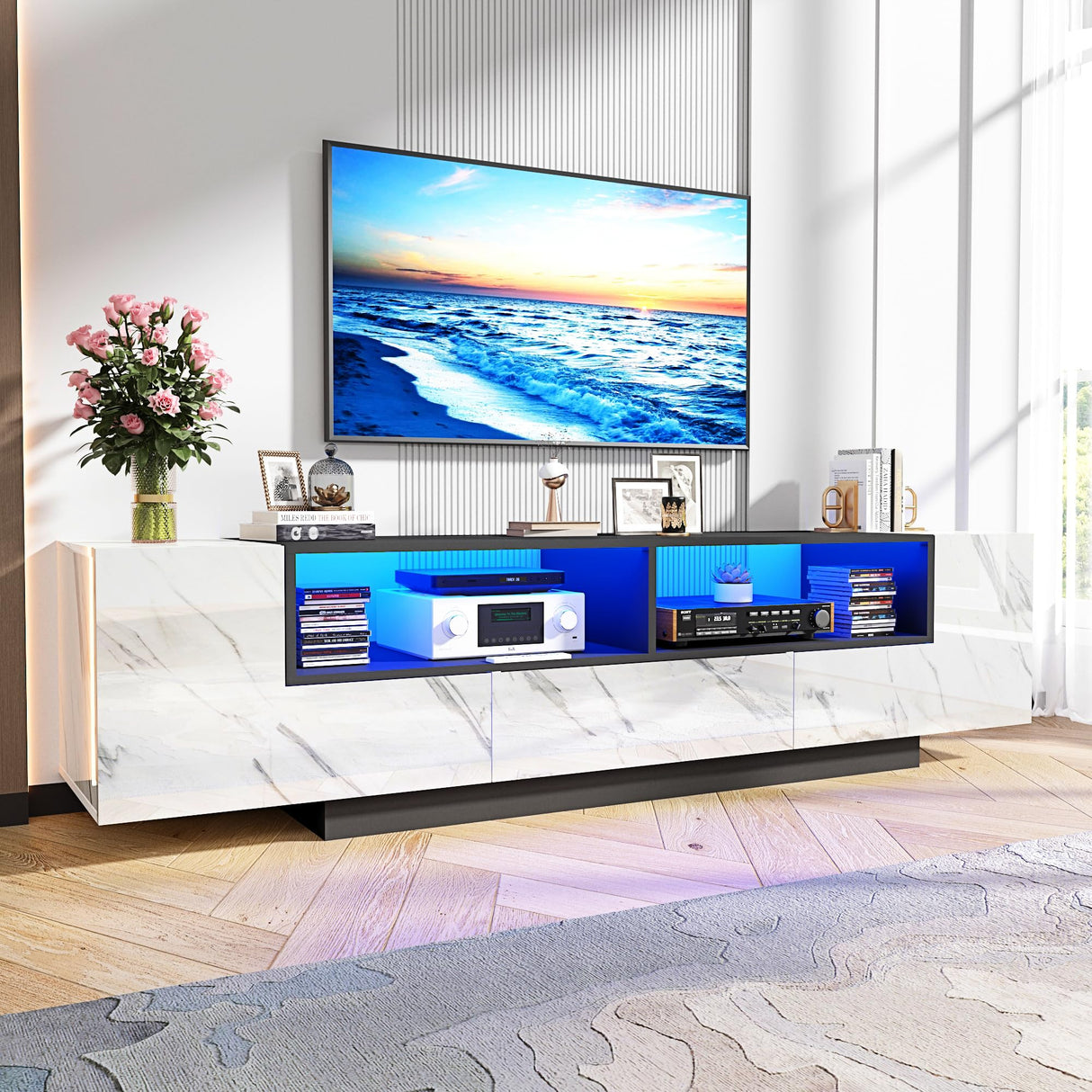 70in White TV Stand for 75/80 inch TV,Modern LED TV Stand,High Gloss Entertainment