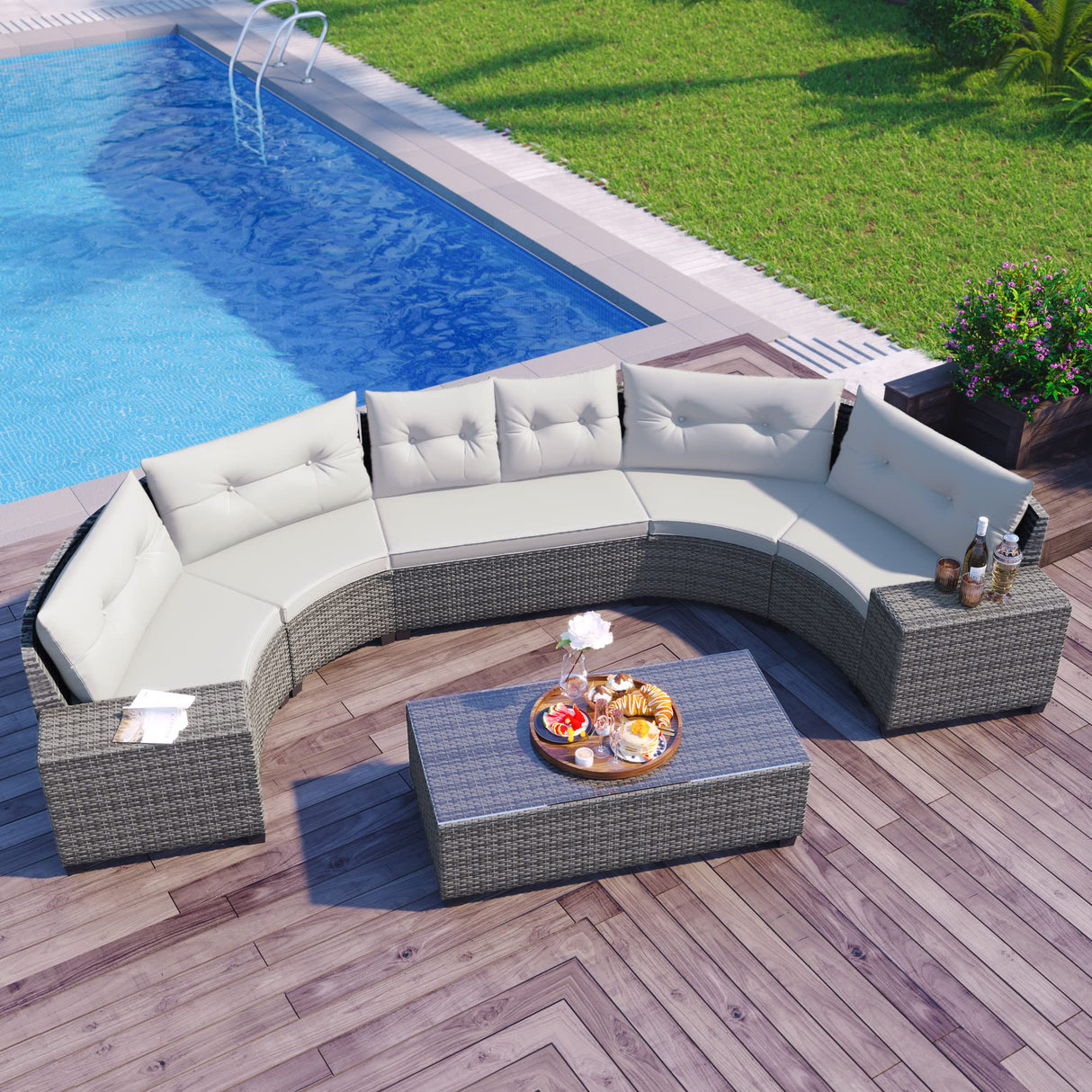 8-pieces Outdoor Wicker Round Sectional Curved Sofa Set with Rectangular Coffee Table