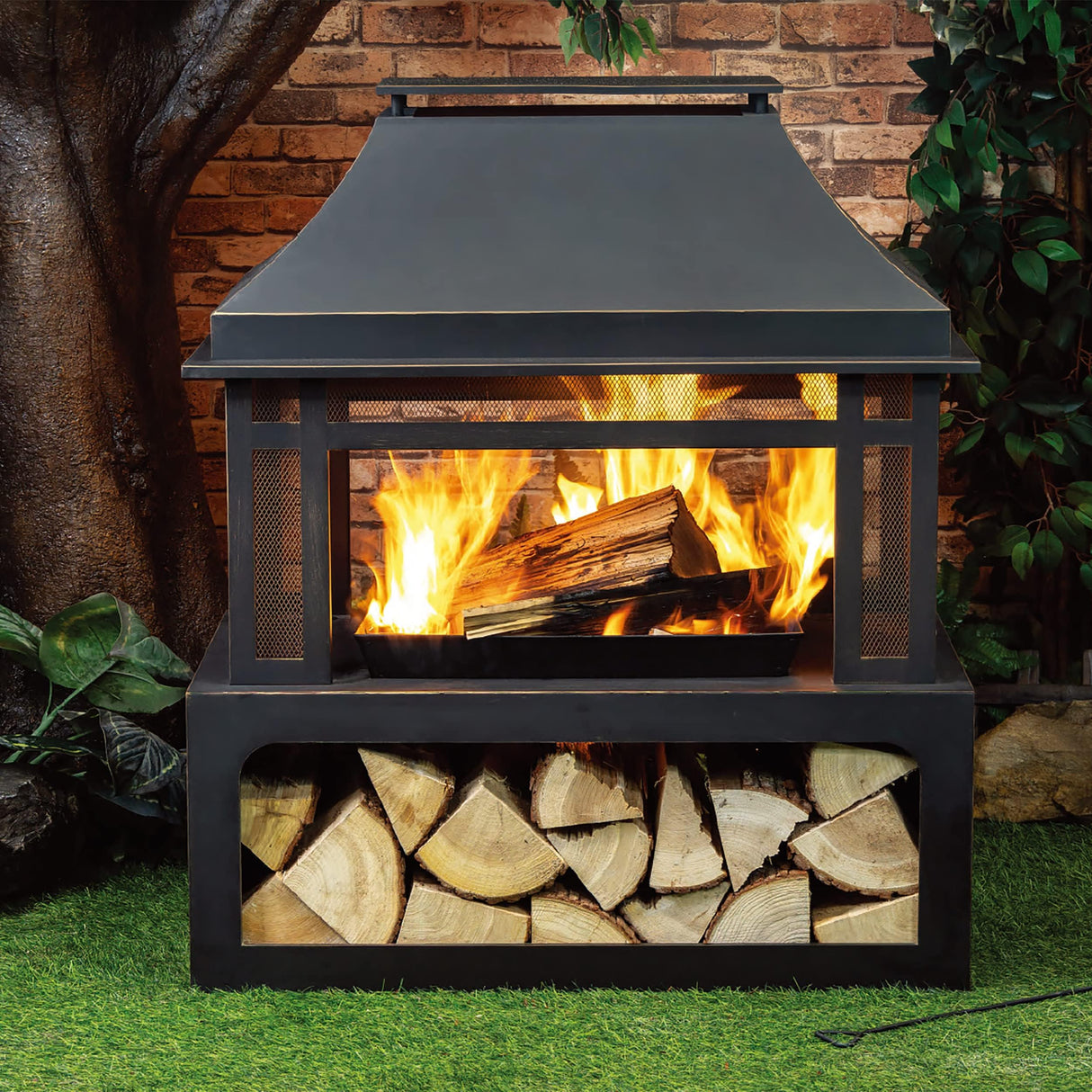 Deko Living Outdoor Wood Burning Fireplace with Wood Storage and Removable Fire Grill - 40 Inch Large Metal Wicker Base Fire Pit for Patio Garden Deck Backyard, Black - Bircata