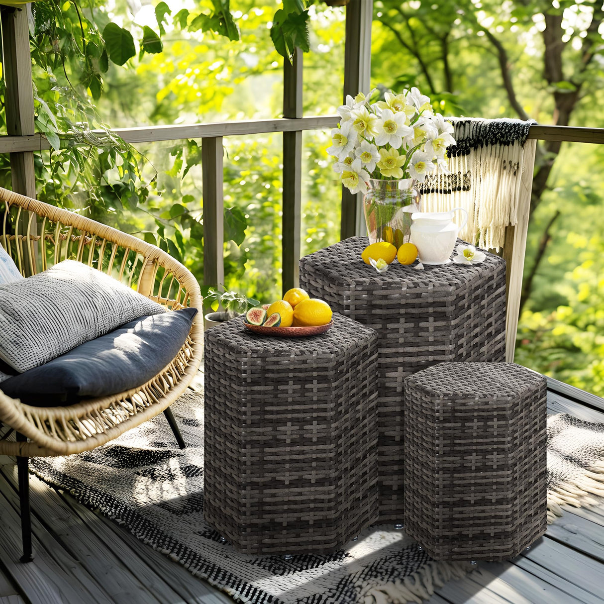 Wicker Side Table Set of 3, Nesting Weatherproof Rattan Coffee End Tables Indoor/Outdoor