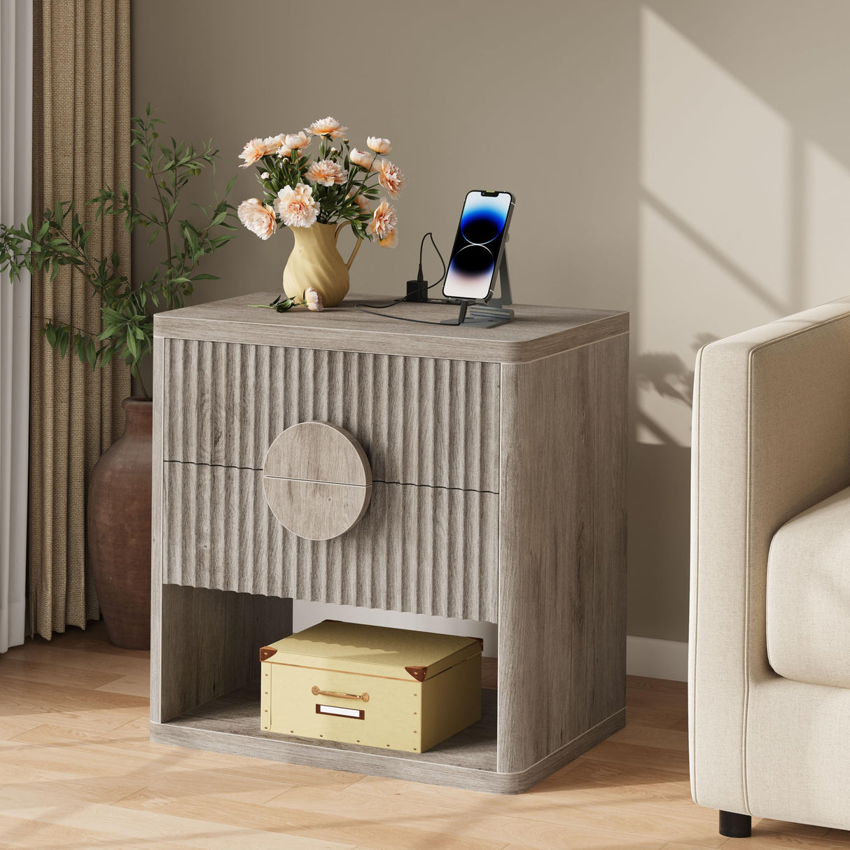 Night Stand with Charging Station, Side Table End Table with Drawers Storage