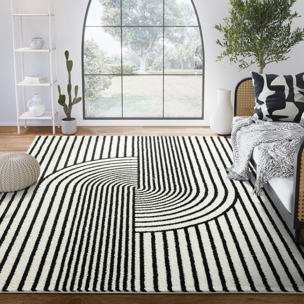 Nuevo Collection Area Rug - Mid-Century Black & Ivory Arch Knot Design