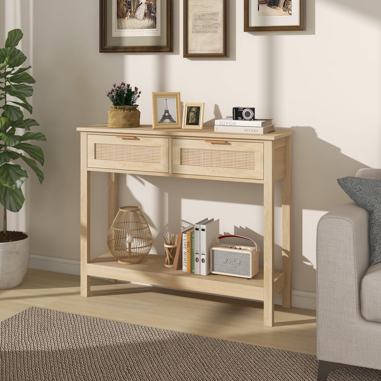 Farmhouse Rattan Console Table with 2 Drawers 2 Tier Boho Narrow Long Sofa Table