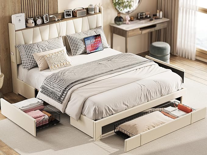 Queen Bed Frame with 3 Drawers, Upholstered Platform Bed