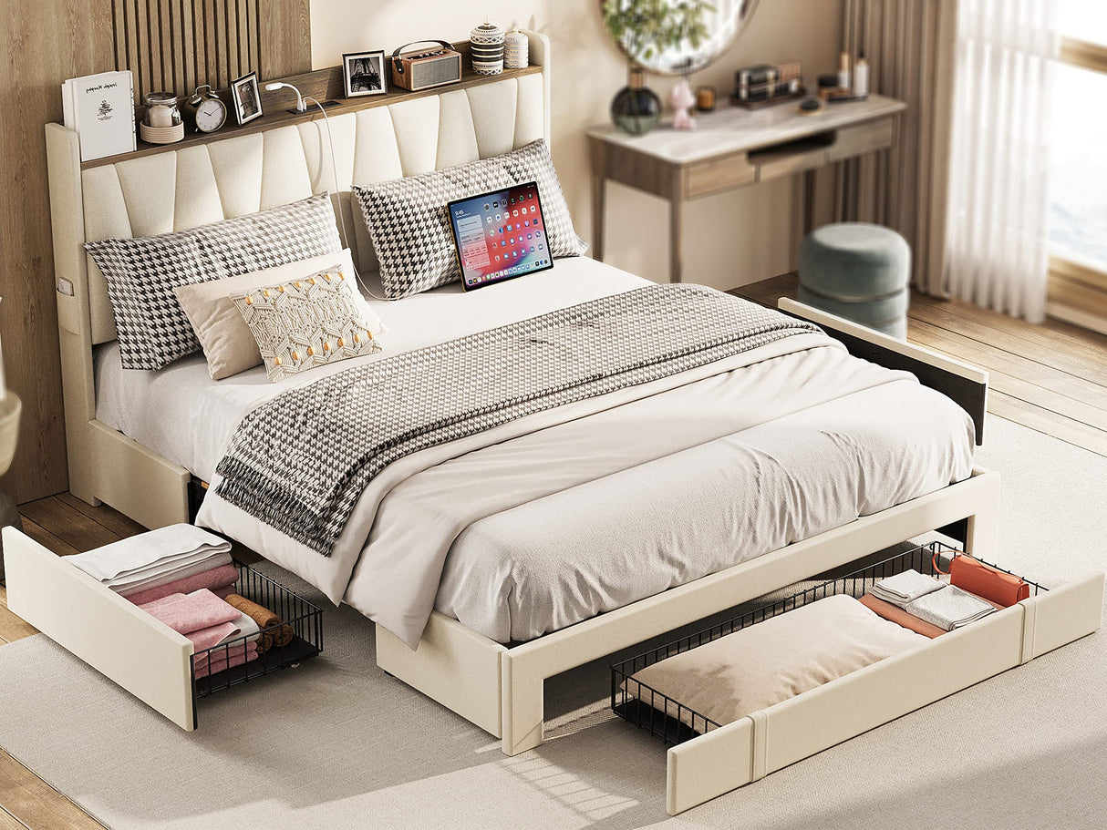 Queen Bed Frame with 3 Drawers, Upholstered Platform Bed