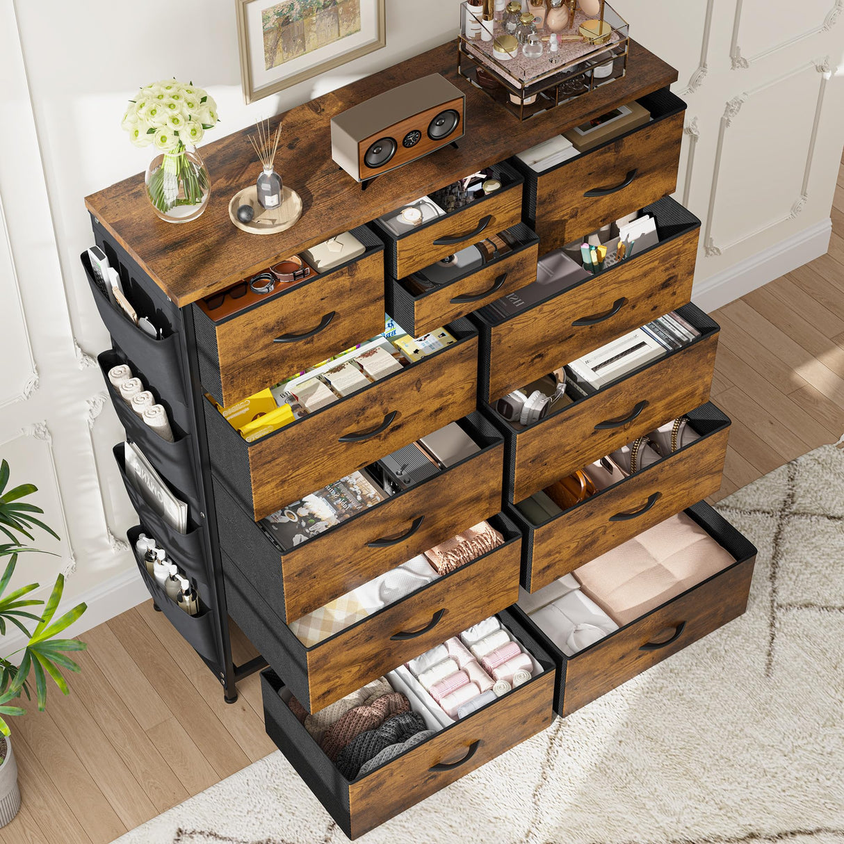 Tall Dresser for Bedroom with 12 Drawers,Dresser Chest of Drawers with Side Pockets