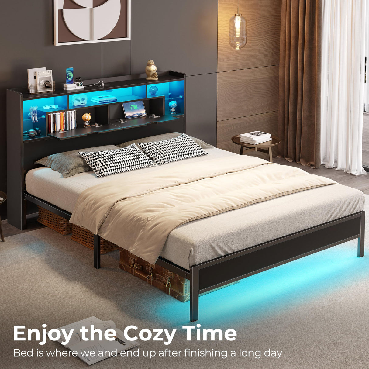 Full Size LED Bed Frame with Charging Station and Storage