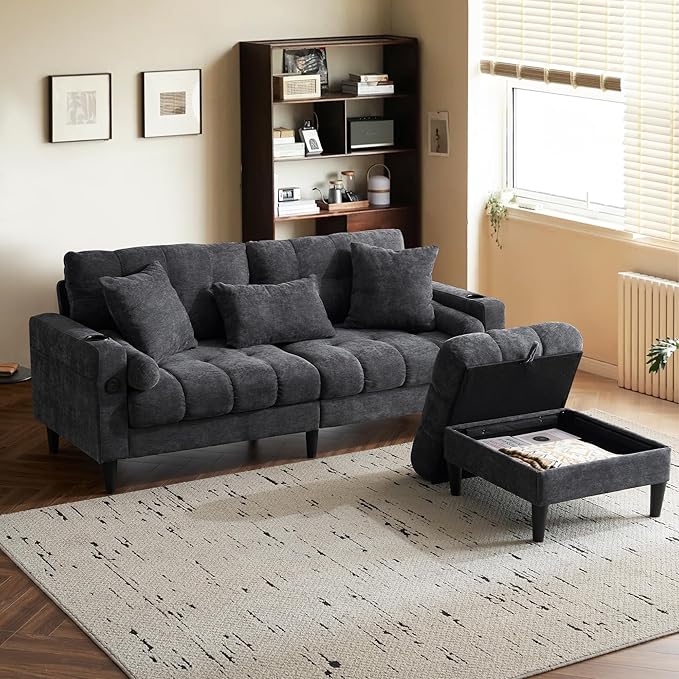 77" L-Shaped Chenille Cloud Sofa with Ottoman and Chaise