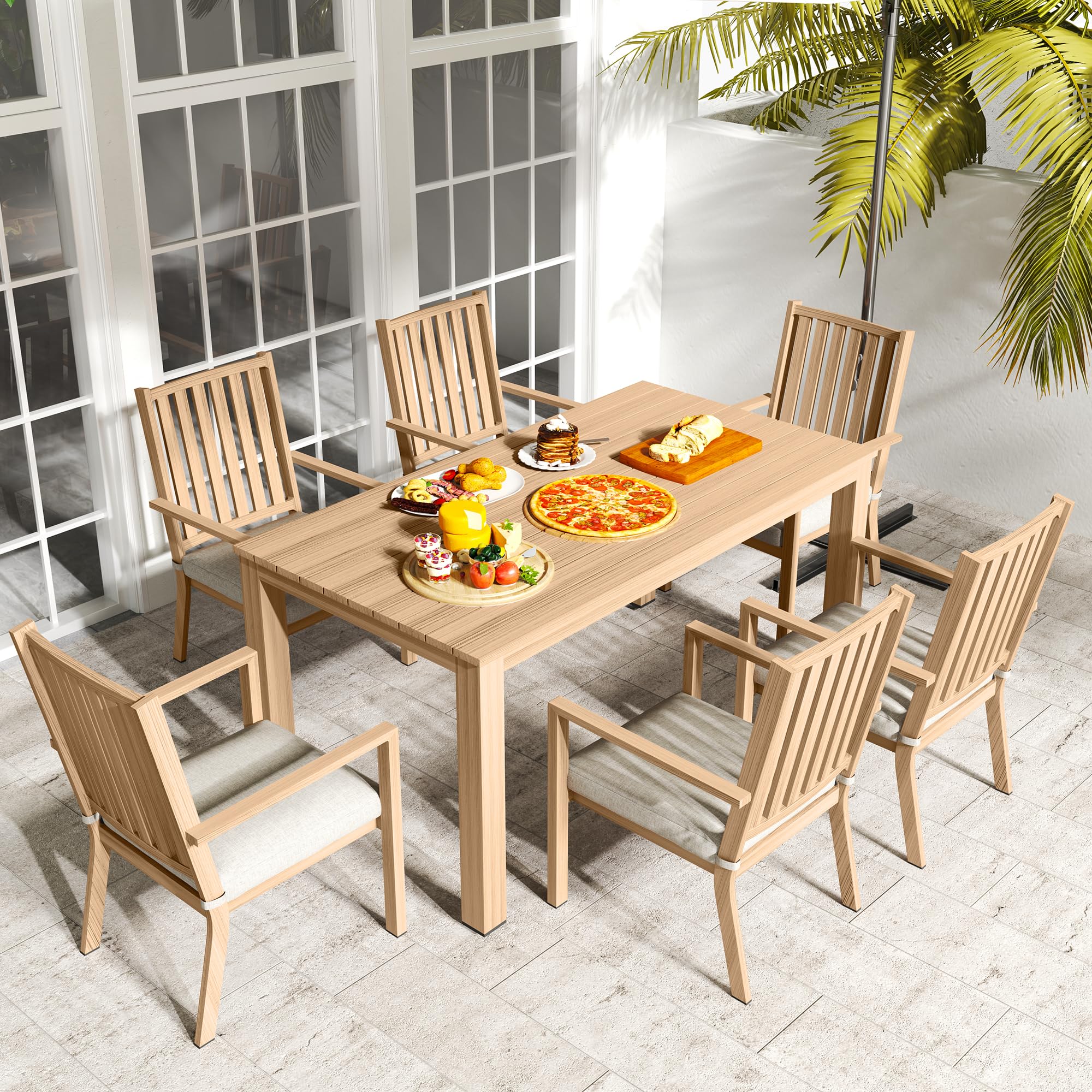 RoyalCraft Aluminum 7 Pieces Patio Dining Sets, Outdoor Dining Table with 6 Chairs, Outdoor Patio Dining Furniture Set with Removable Cushion for Lawn, Garden, Backyard, Brown