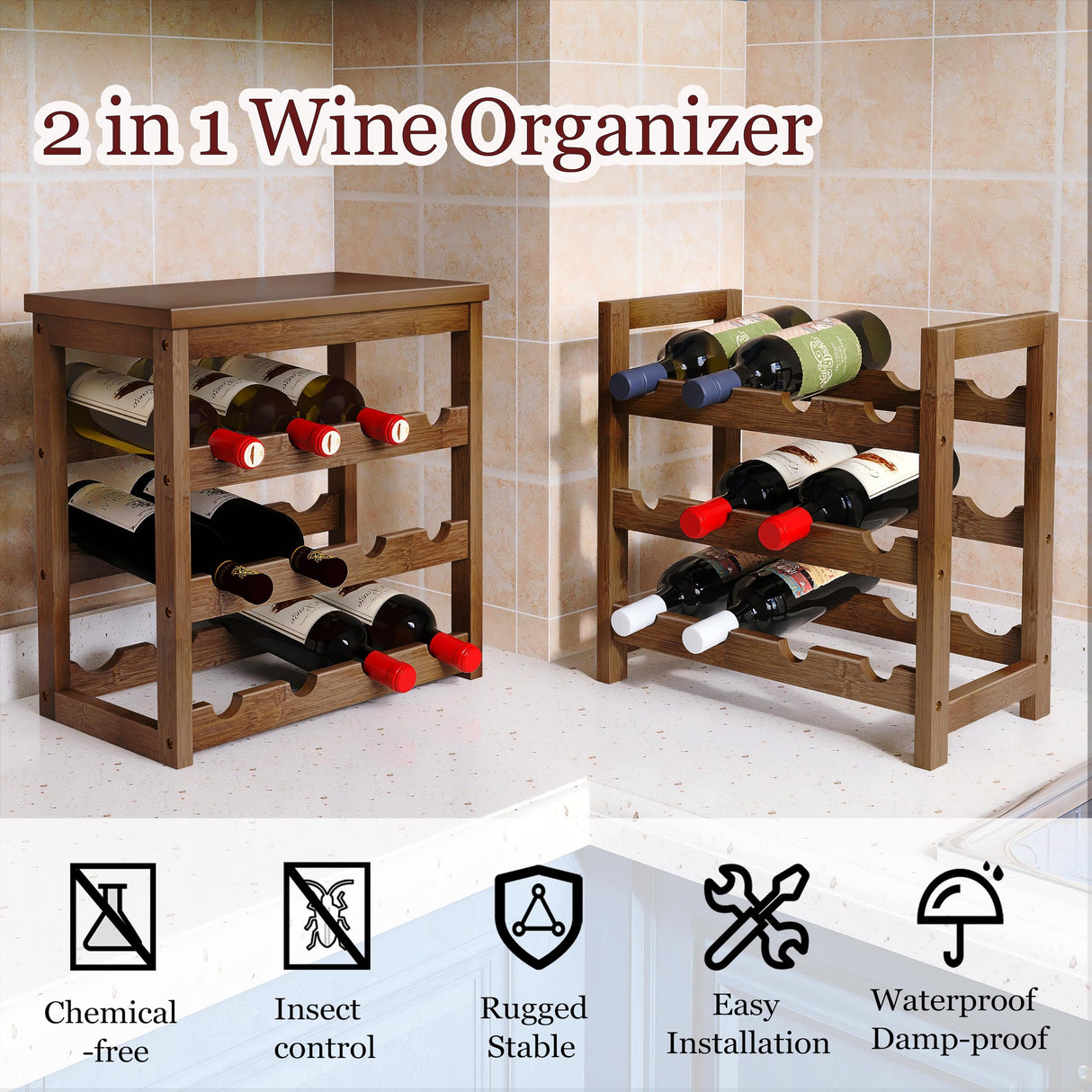 24-Bottle Wine Rack, 6 Tier Bamboo Wine Display Storage Shelves