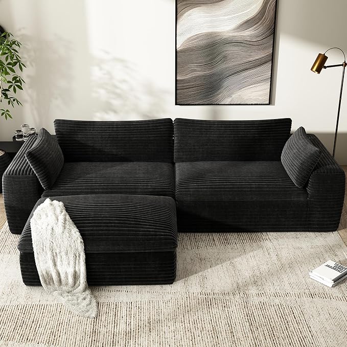 85'' Living Room Sectional Couch with Double Layer Black Plush Corduroy Fabric