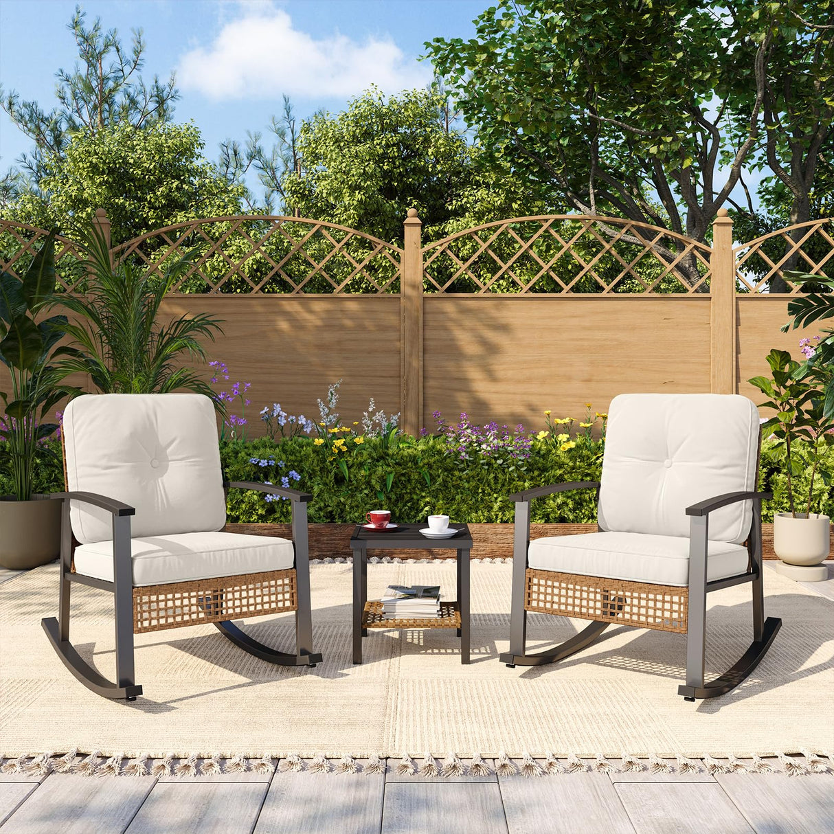 3-Piece Outdoor Rocking Bistro Set with Coffee Table and Cushioned Wicker Chairs