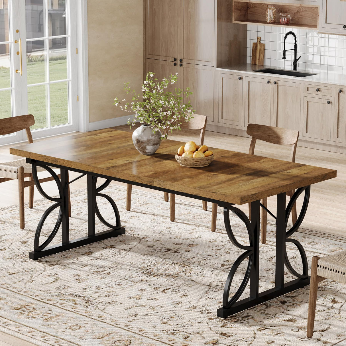 71" Dining Table for 6, Farmhouse Kitchen Dinner Table with Metal Frame, Rectangular Eating Desk, Dining Room