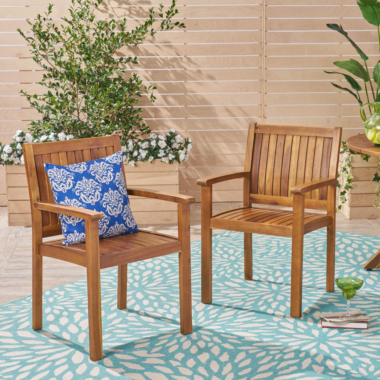 Teague Outdoor Acacia Wood Dining Chairs (Set of 2), Teak Finish