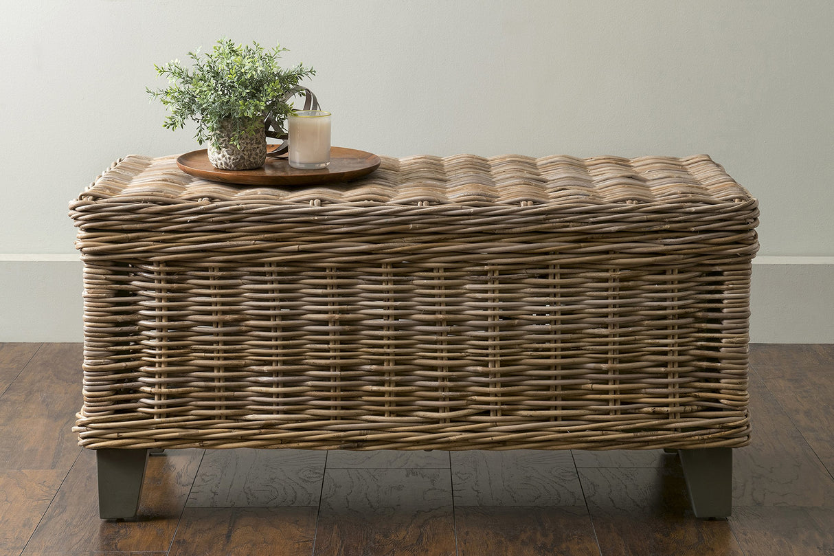 Woven Rattan Storage Coffee Table - Handwoven Natural Brown Rattan, Hidden Storage
