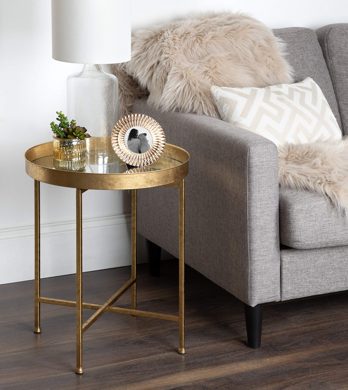 Kate and Laurel Celia Metal Foldable Round Accent Table, 18.25" x 18.25" x 22", Glass Surface and Gold Frame, Modern Minimalist Design and Detachable Magnetic Tabletop - Bircata