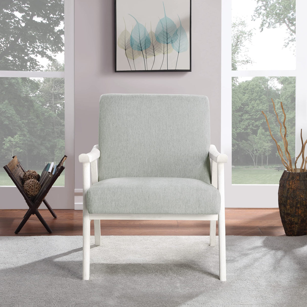 Home Furnishings Weldon Mid-Century Modern Armchair, Smoke Fabric with Antique White Finished Frame