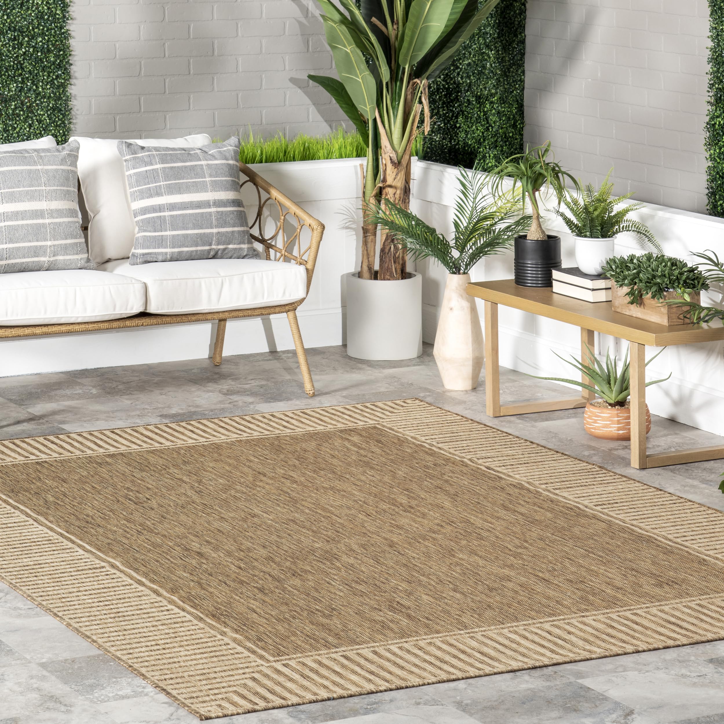 7' x 9' Outdoor Area Rug, Casual Design With Striped Border, Stain Resistant, Highly