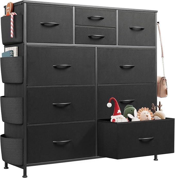Dresser for Bedroom with 10 Drawers, Fabric Dresser Chest of Drawers with Side Pockets