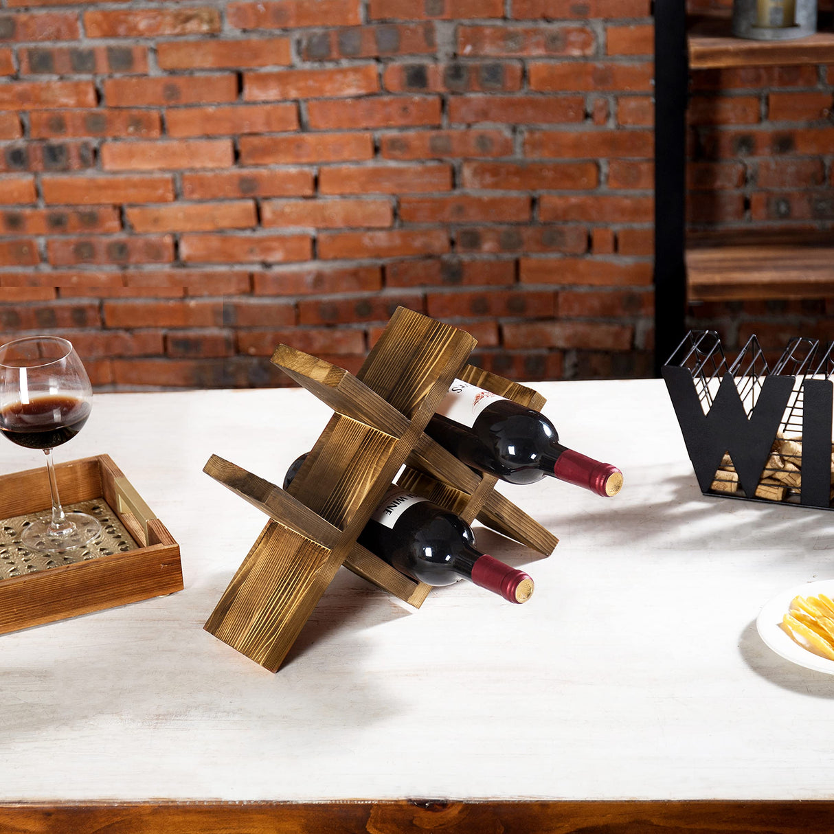 4-Bottle Countertop Rustic Brown Wood Wine Rack