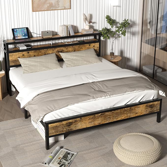Full Bed Frame with Charging Station Headboard, Platform Bed