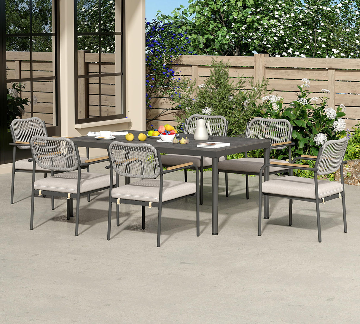 Wicker Outdoor Dining Set for 6, Upholstered 7 Piece Patio Dining Set with Armrests
