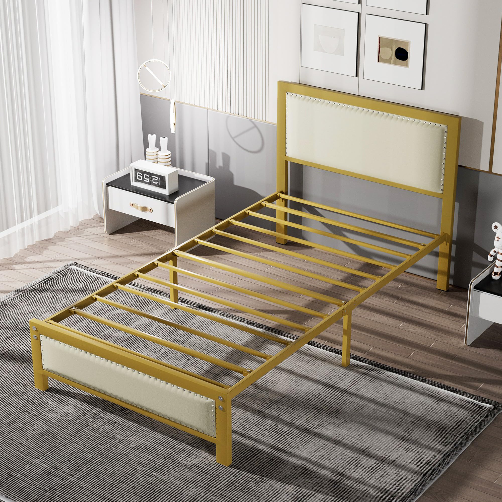Bed Frame with Headboard, Heavy-Duty Upholstered Platform with Strong Metal Slats,