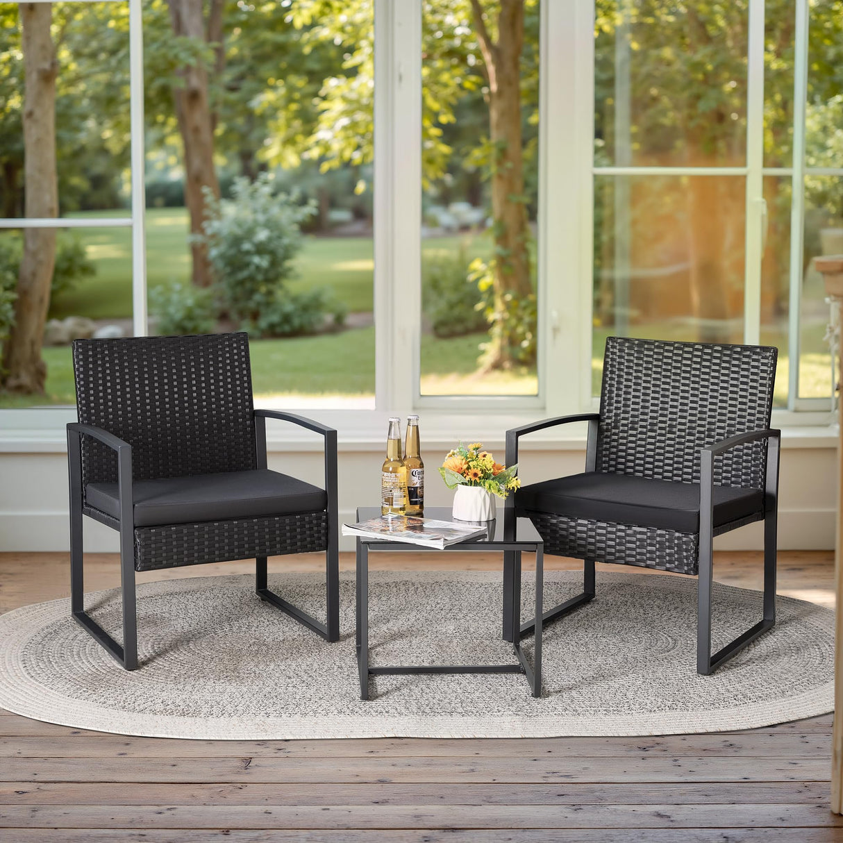 3 Piece Wicker Conversation Bistro Sets Outdoor Patio Set Modern Rattan Chair Furniture