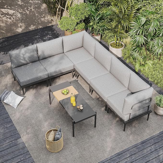 7 Pieces Metal Patio Furniture Set, Outdoor Sectional Sofa w/6 Inch Olefin Cushion and Coffee Table