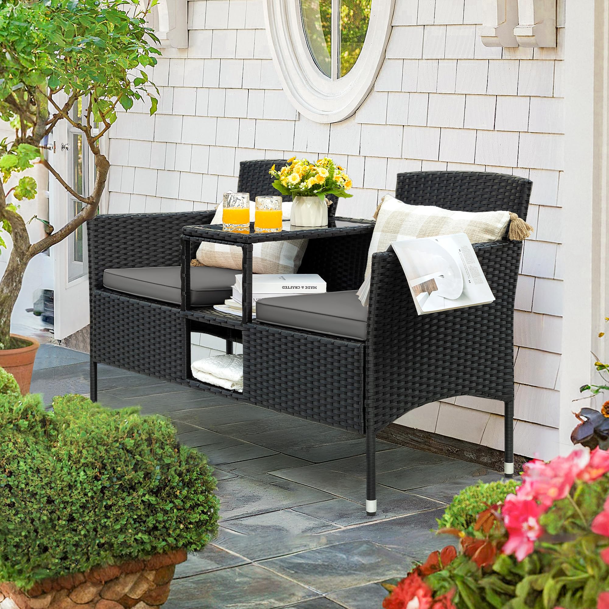 Outdoor Furniture Patio Loveseat Wicker 2-Seat with Built-in Table and Cushions