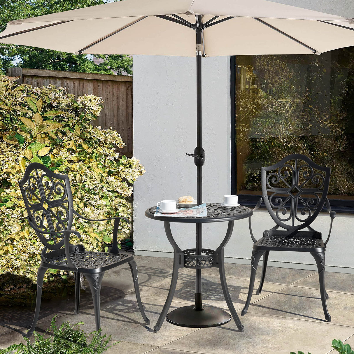 Bistro Set 3 Piece Outdoor, Cast Aluminum Patio Bistro Sets with Umbrella Hole