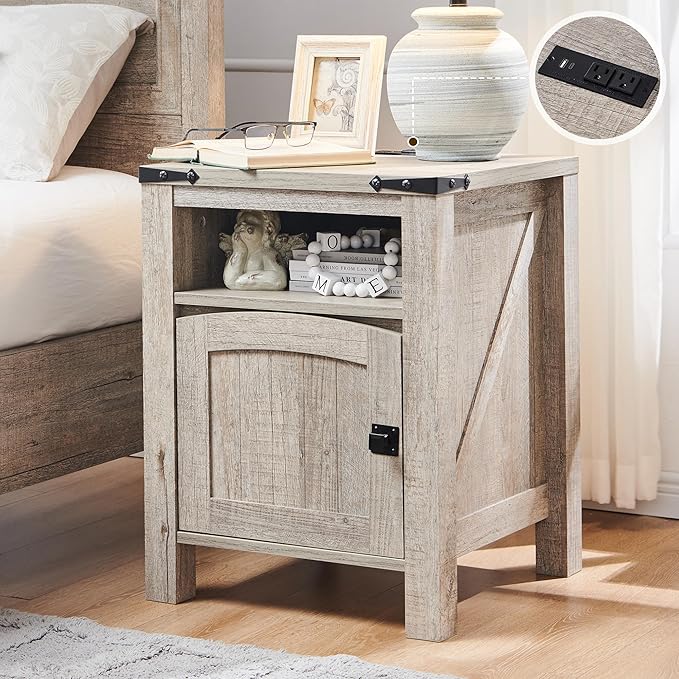 Farmhouse End Table with Charging Station, 18" Rustic Nightstand