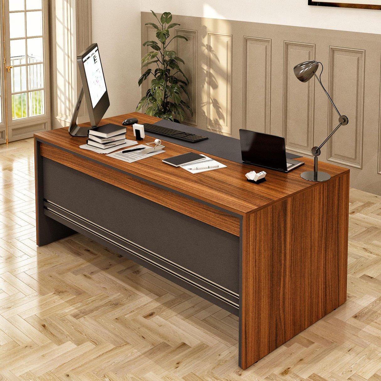 71" Wood Home Office Furniture Set of 4pcs | Executive Desk w/Leather Pad