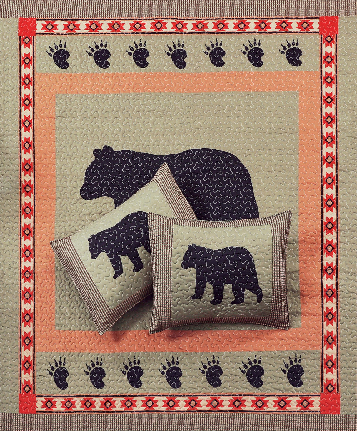 3 Piece Full/Queen Cabin Quilt Bedding Set - Bear and Paw - Rustic Country Reversible