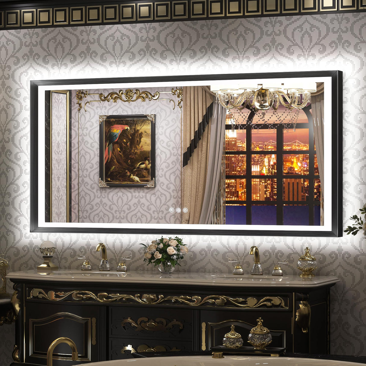 LED Mirror for Bathroom Black Metal Frame Frontlit & Backlit Lighted