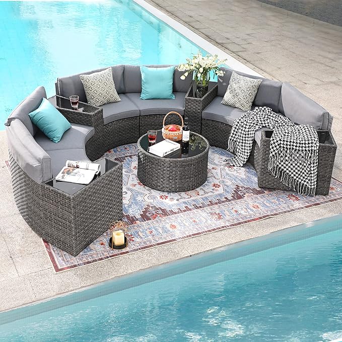 Outdoor Patio Furniture 11-Piece Half-Moon Sectional Round Patio Furniture Set