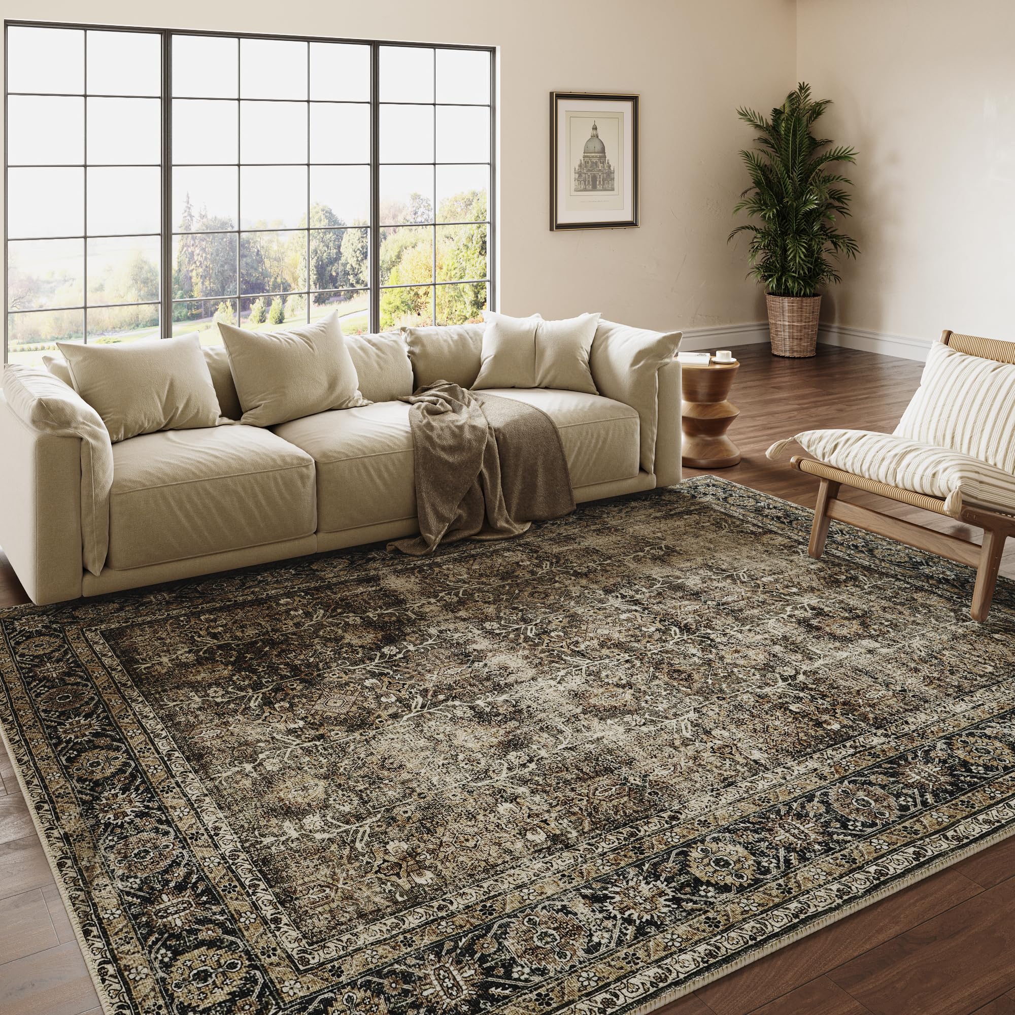 PureCozy Vintage Area Rug 4x6 Brown Bedroom Rug Indoor Kitchen Washable Living Room Carpet Tribal Distressed Rug Retro Accent Throw Rug for Office Dining Room Bathroom Faux Wool
